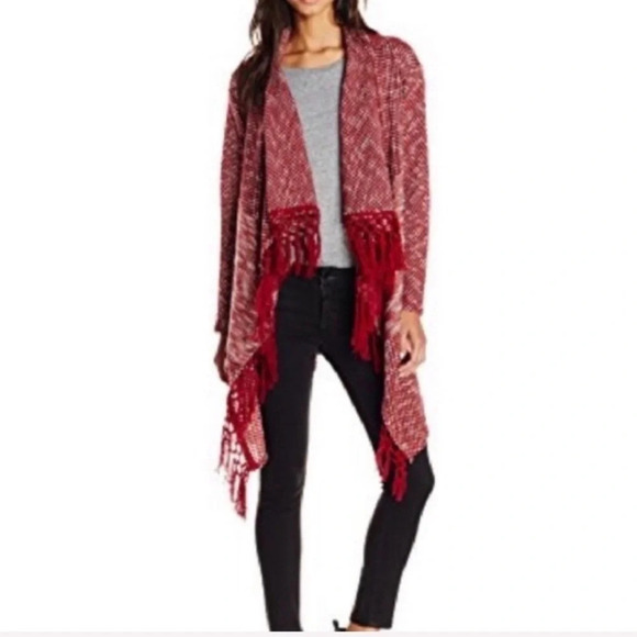 FLYING TOMATO Red Open Front Long Tassel Waterfall Sweater Cardigan Size Large - Picture 1 of 12
